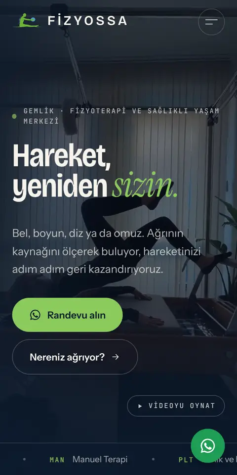 Fizyossa sitesinin telefondaki ilk ekranı