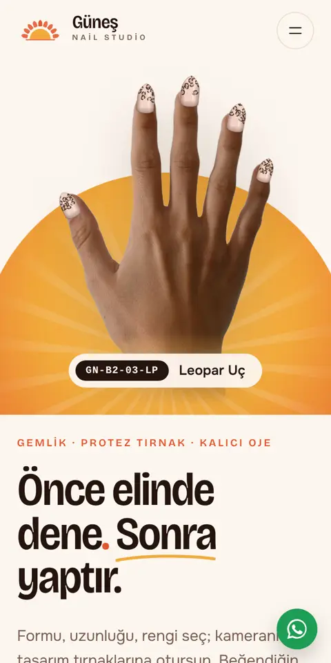 Güneş Nail Studio sitesinin telefondaki ilk ekranı