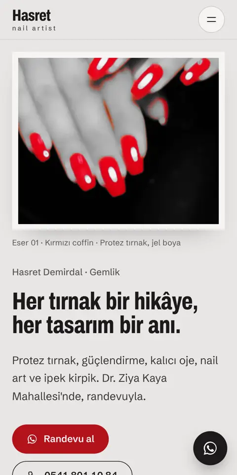 Hasret Nail Artist sitesinin telefondaki ilk ekranı