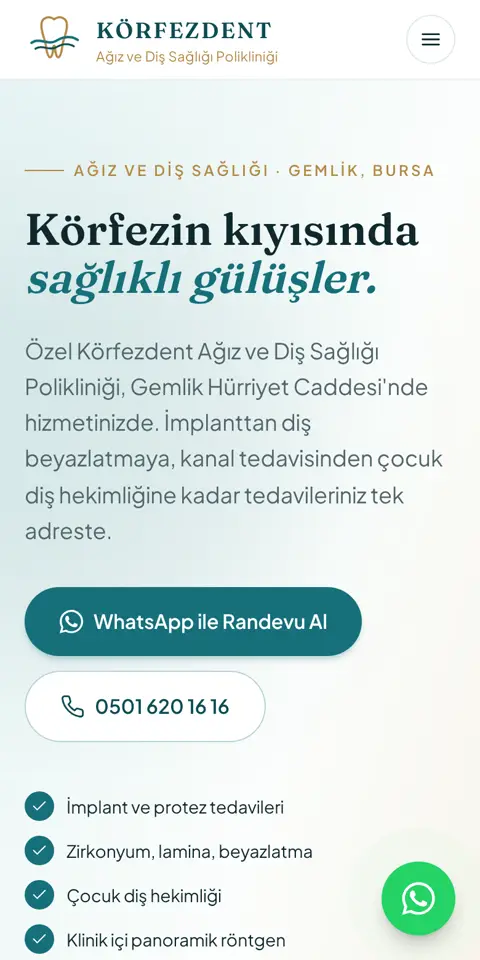 Körfezdent sitesinin telefondaki ilk ekranı