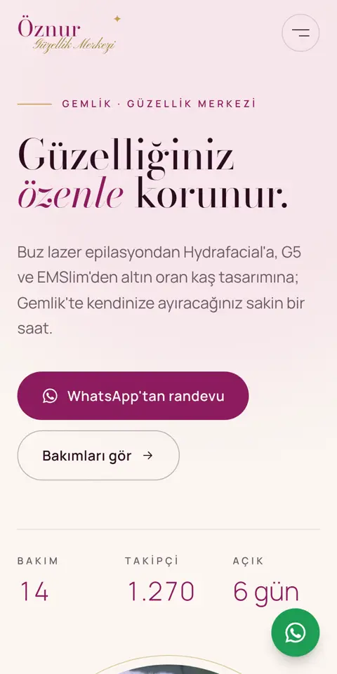 Öznur Güzellik sitesinin telefondaki ilk ekranı